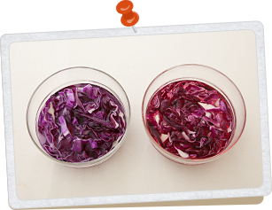 ボウルの中の液体がピンク色になっているところ (比較として水に入れたもの)