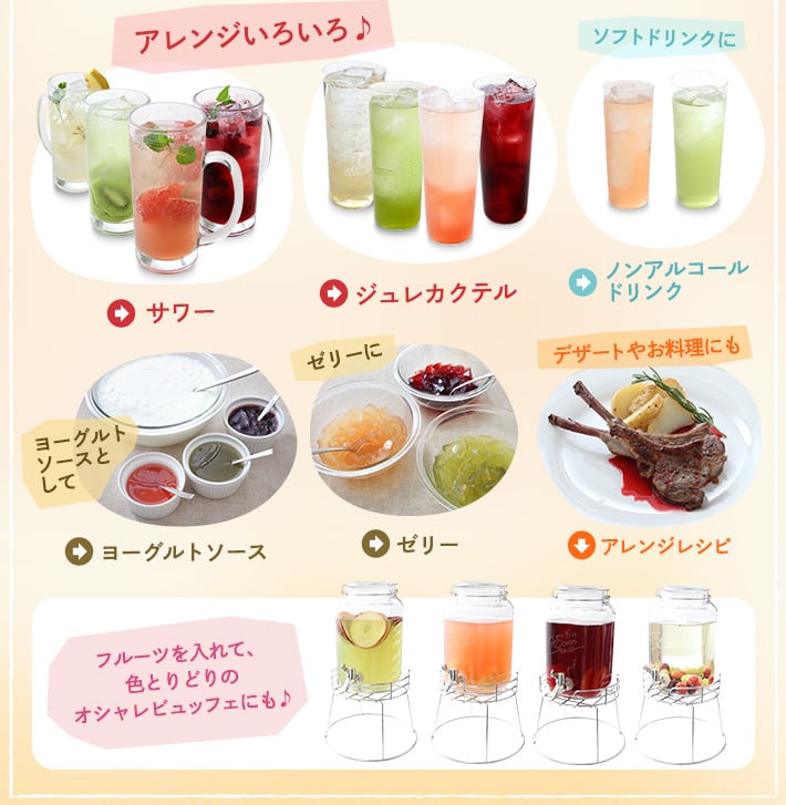 アレンジいろいろ♪、ソフトドリンクに、ヨーグルトソースとして、ゼリーに、デザートやお料理にも、フルーツを入れて色とりどりのオシャレビュッフェにも♪