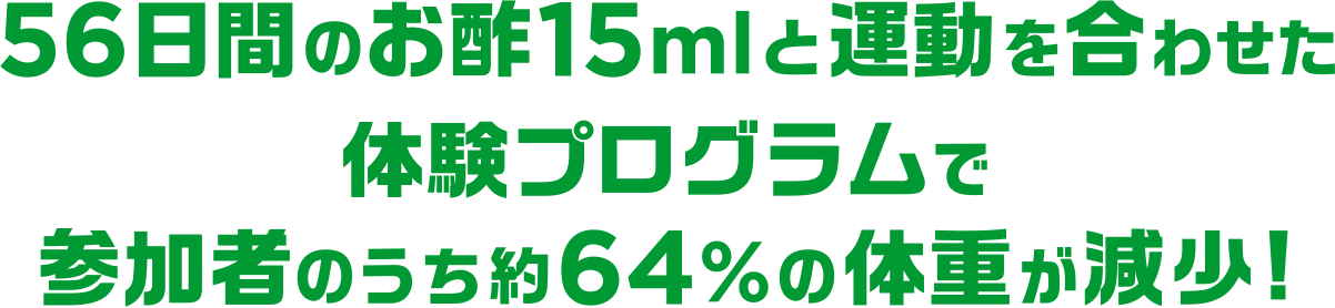 56日間のお酢15mlと運動を合わせた 体験プログラムで 参加者のうち約64%の体重が減少!