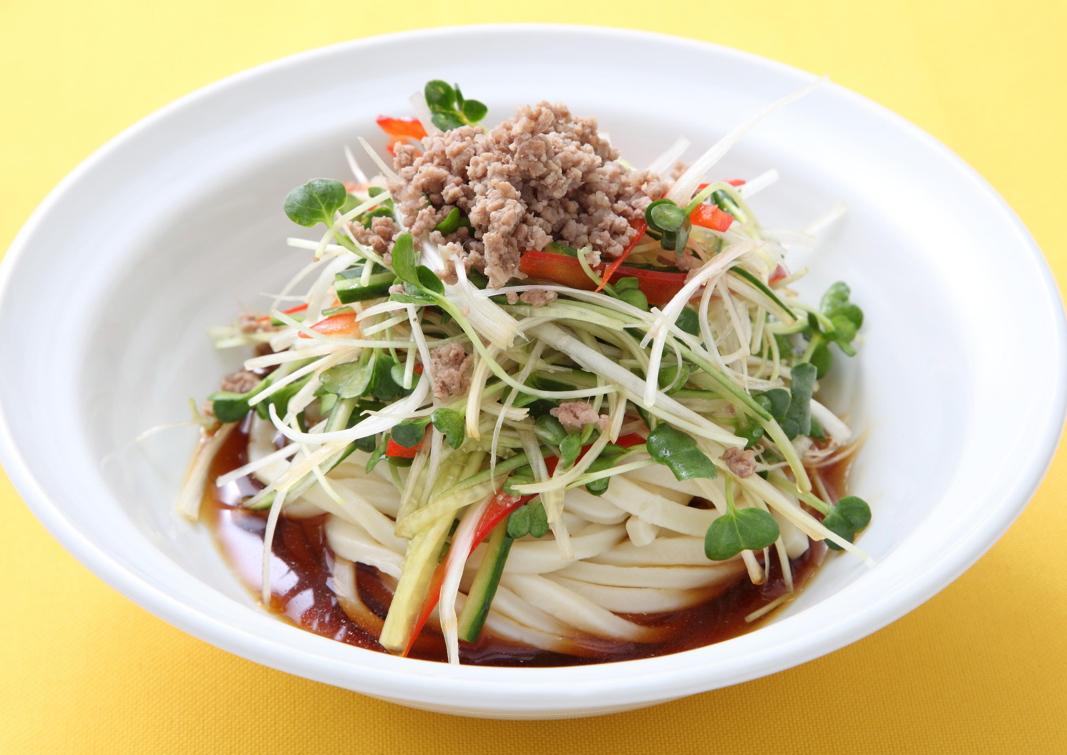 せん切り野菜と牛肉そぼろの濃旨うどん