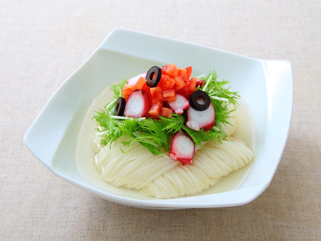 たこと水菜のカルパッチョ風サラダそうめん