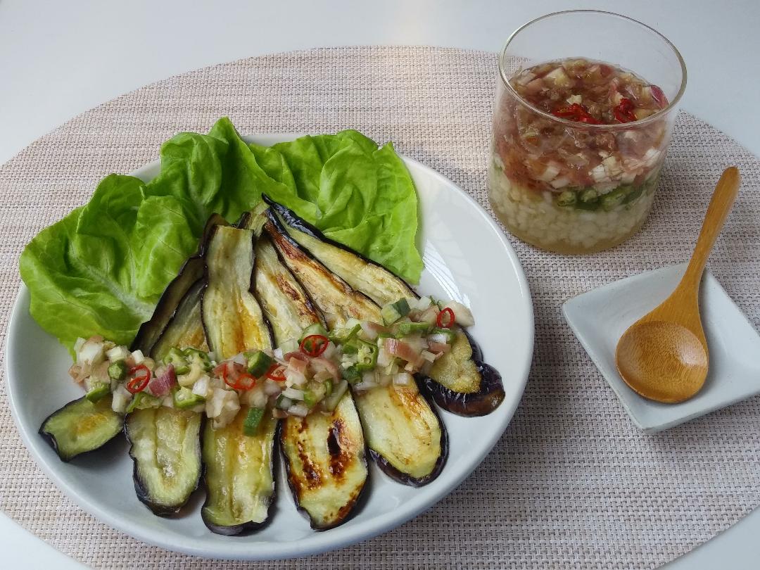 みょうがの万能野菜だれをかけるなすソテー