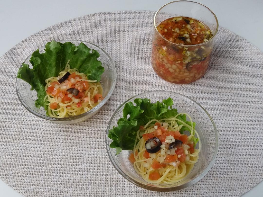 トマトの万能野菜だれで和える　サラダスパゲティ