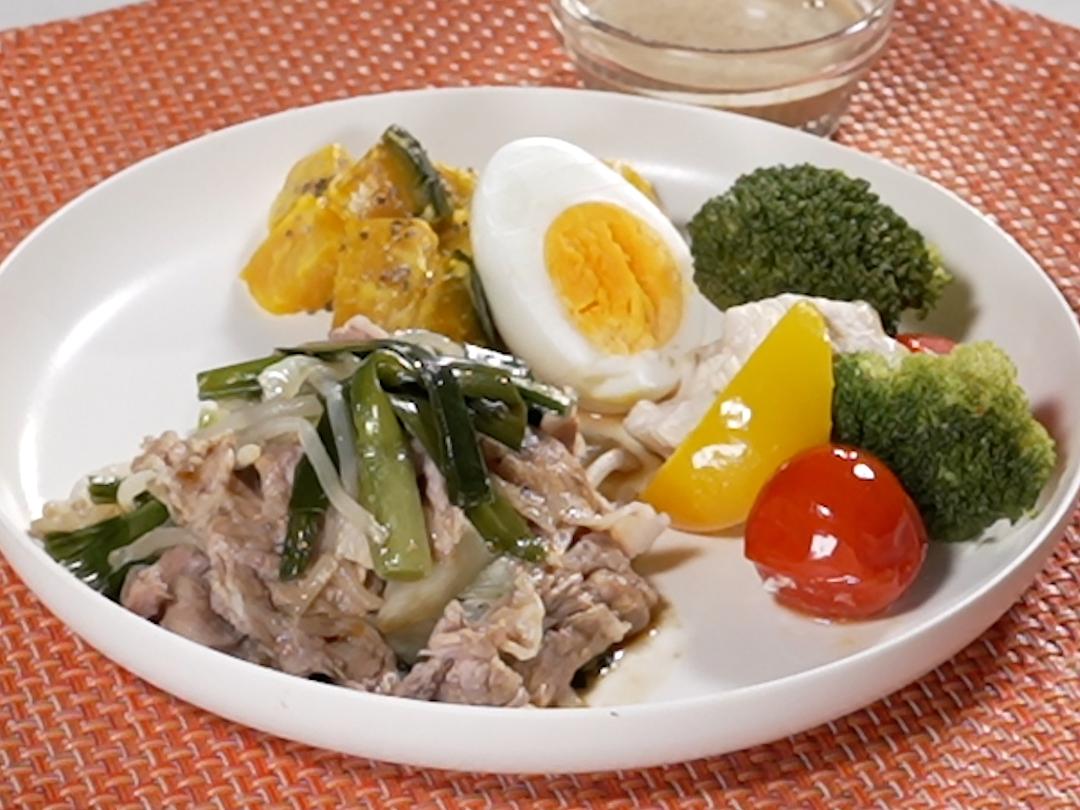 一気に4品完成！同時蒸し（豚バラキャベツ・鶏胸ブロッコリー・かぼちゃサラダ・ゆで卵）