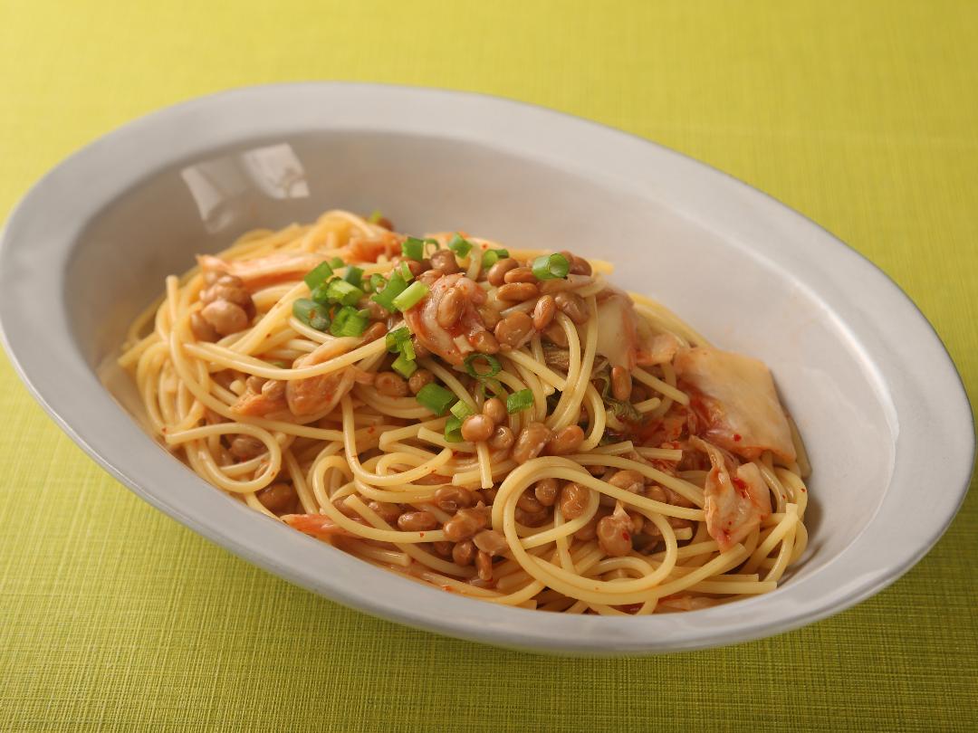 白だしレンチンパスタ　納豆キムチのレシピ・作り方