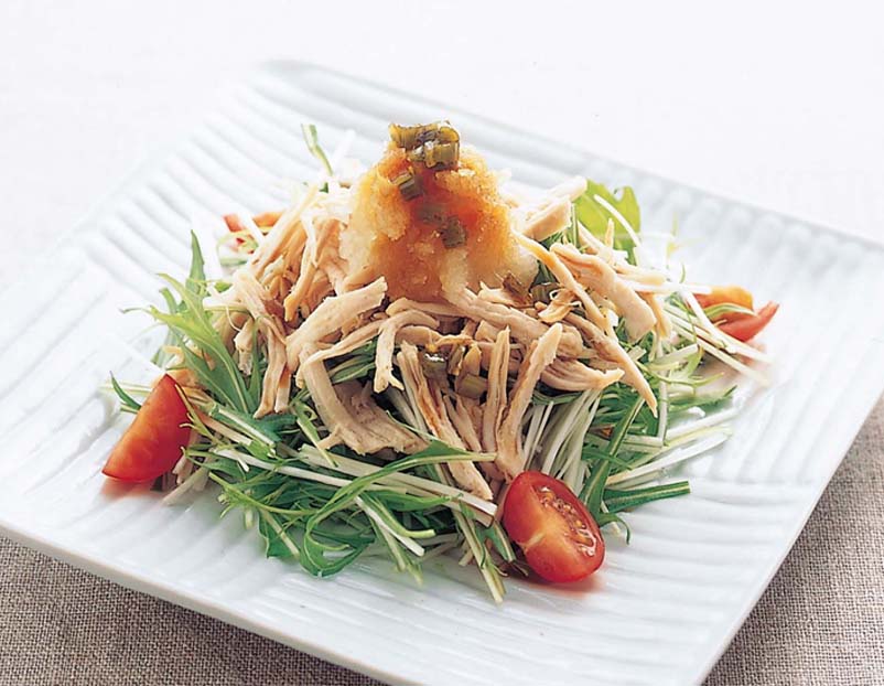 水菜と蒸し鶏のわさびぽん酢