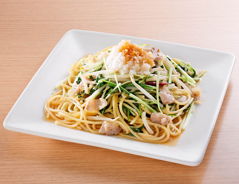 豚バラ肉と水菜のおろしぽんパスタ