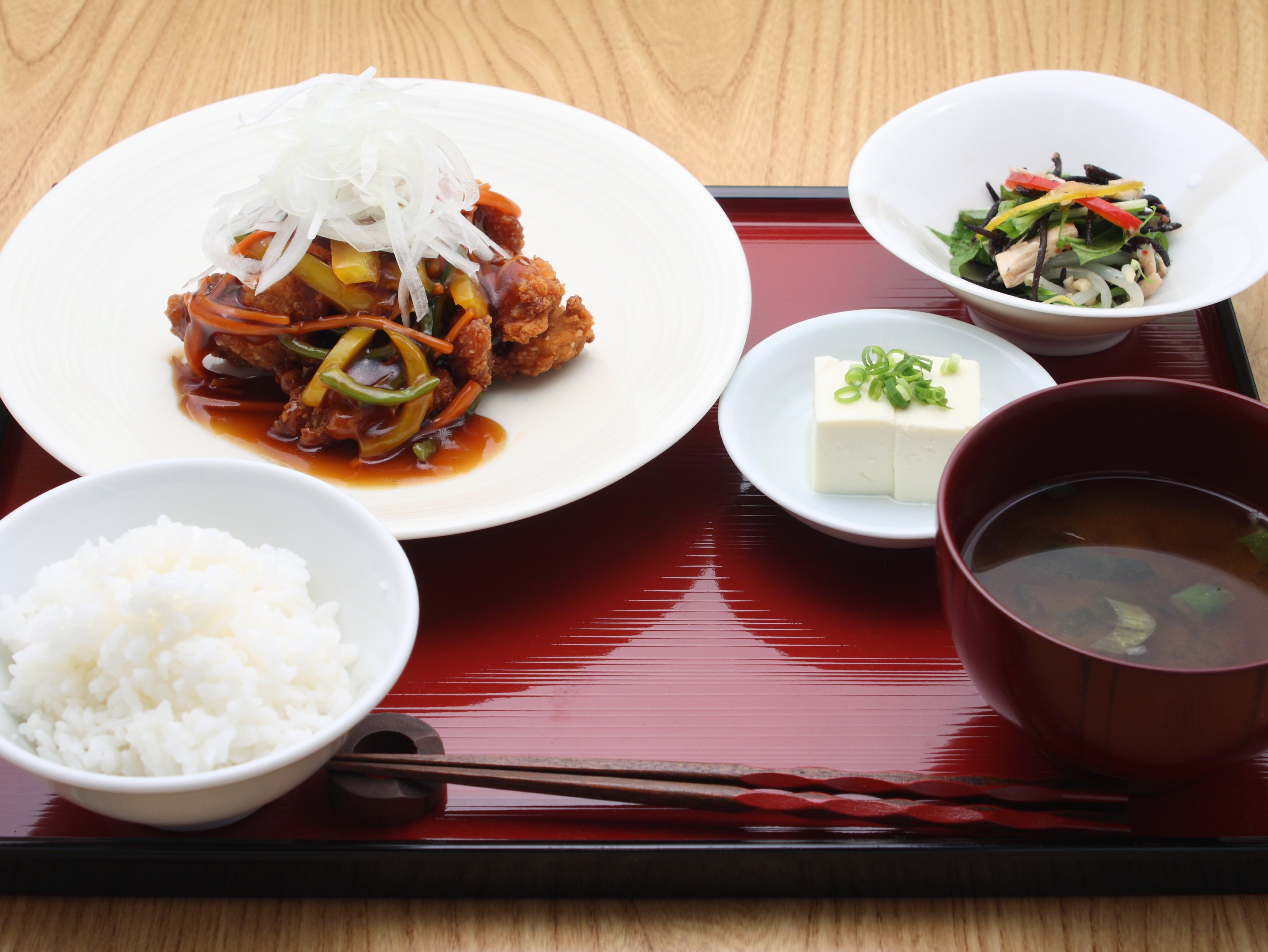 野菜の鶏から黒酢あんかけ定食