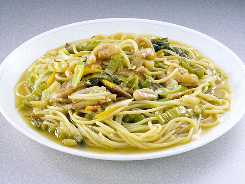 野沢菜と豚肉のあんかけスパゲティ