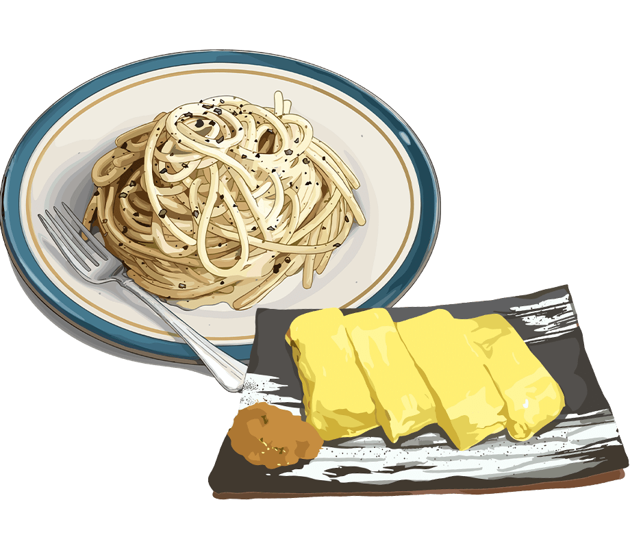 納豆たれをつかったパスタと厚焼き玉子のイメージ画像