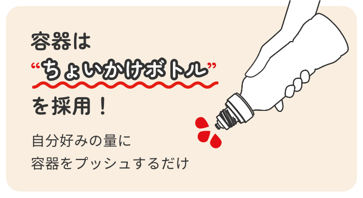 容器は、自分好みの量に容器をプッシュするだけの”ちょいかけボトル”を採用!