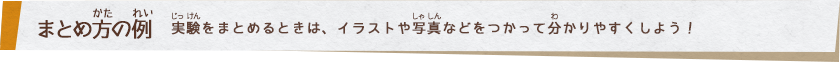 まとめ方の例　実験をまとめるときは、イラストや写真などをつかって分かりやすくしよう！