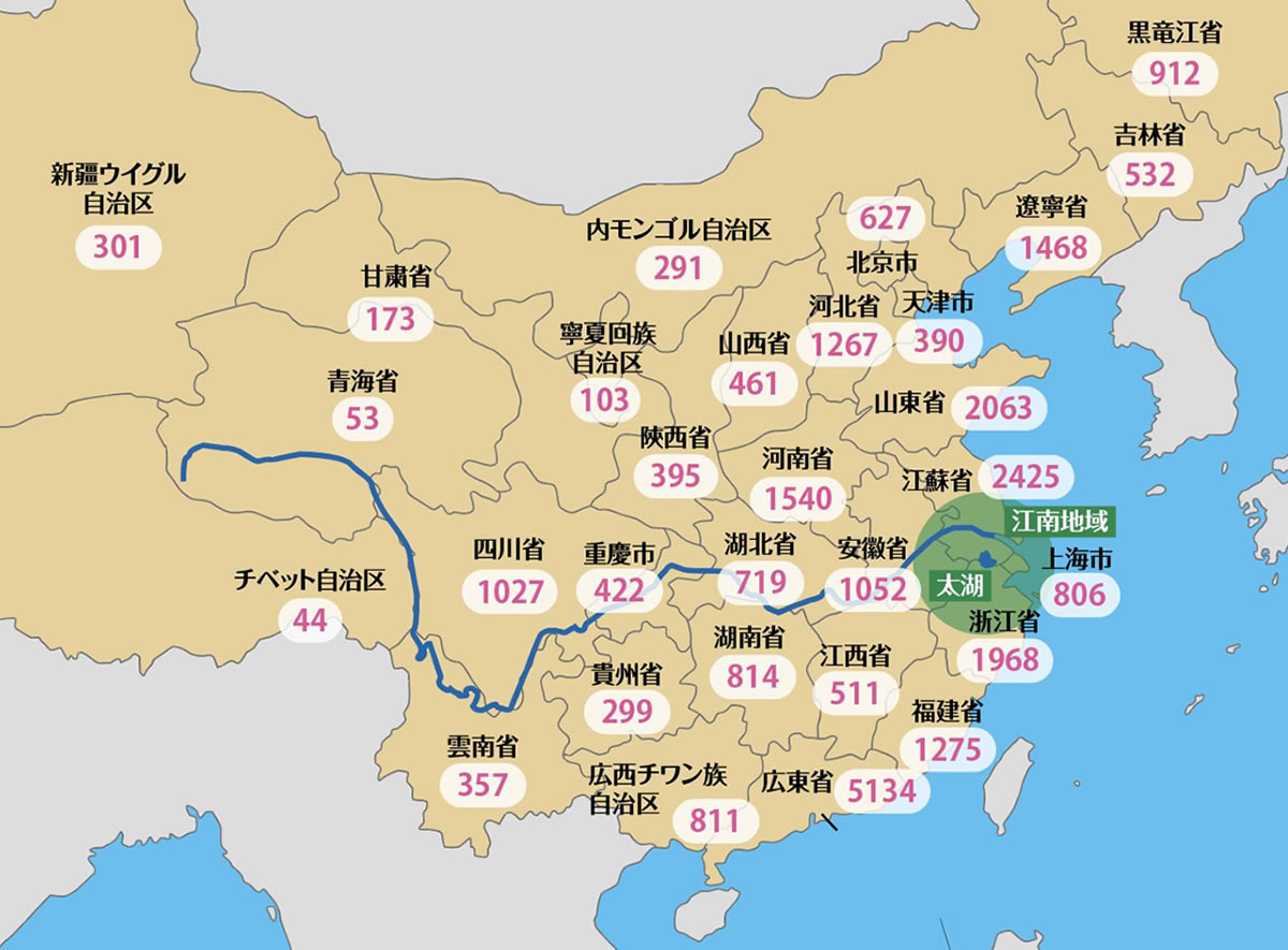 中国大陸における寿司店数の分布(2024年8月時点)