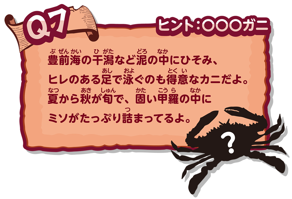 豊前海の干潟など泥の中にひそみ、ヒレのある足で泳ぐのも得意なカニだよ。夏から秋が旬で、固い甲羅の中にミソがたっぷり詰まってるよ。