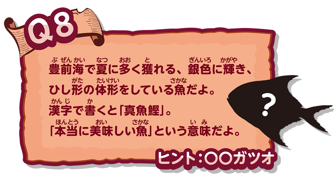 豊前海で夏に多く獲れる、銀色に輝き、ひし形の体形をしている魚だよ。漢字で書くと「真魚鰹」。「本当に美味しい魚」という意味だよ。
