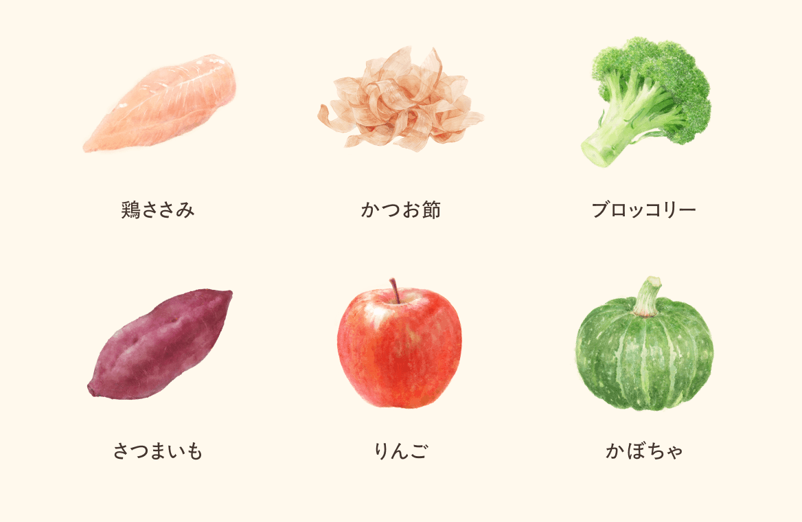 鶏ささみ・かつお節・ブロッコリー・さつまいも・りんご・かぼちゃ